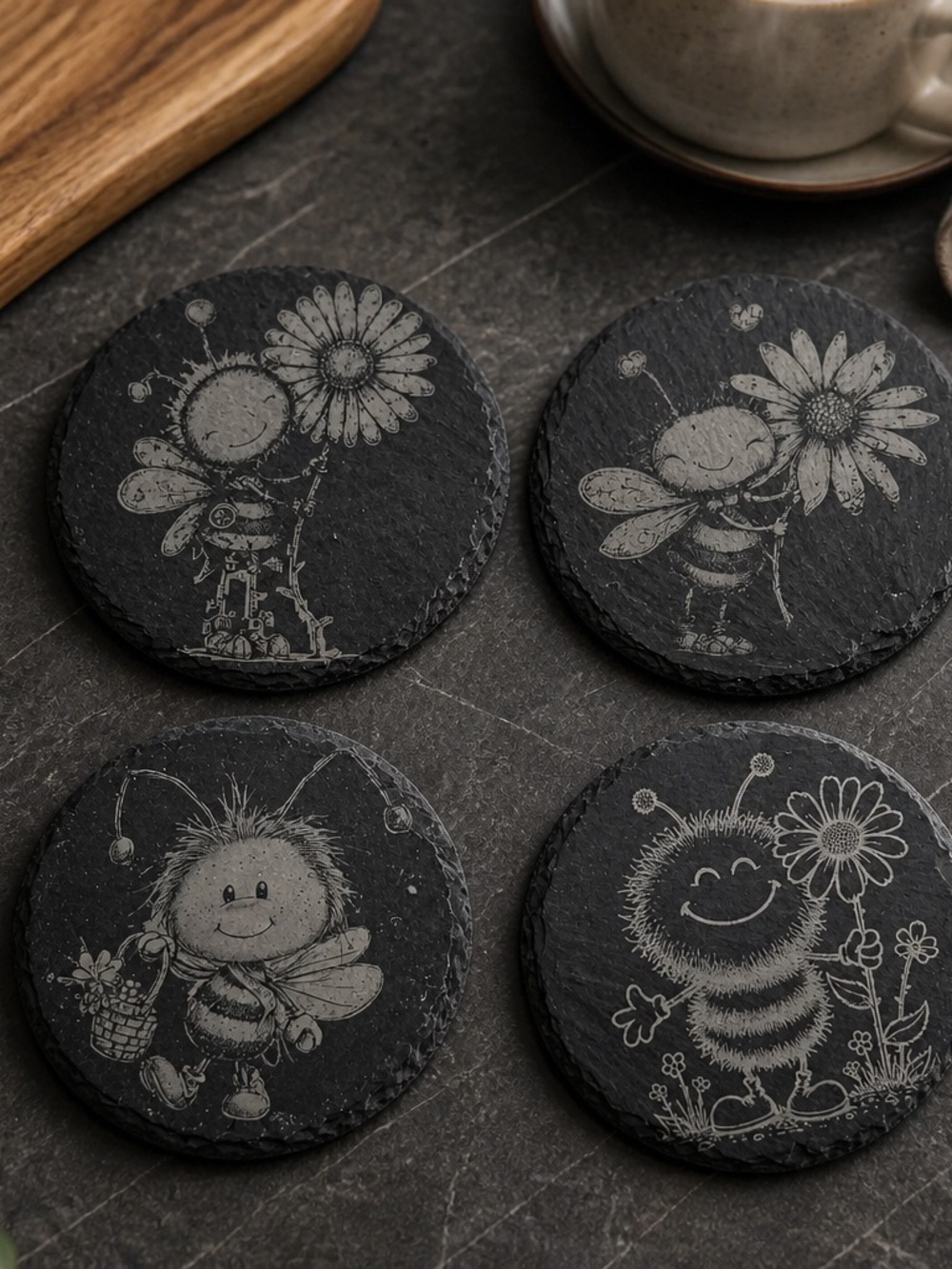 Set of 4 Black Slate Bee Coasters with Floral Engravings